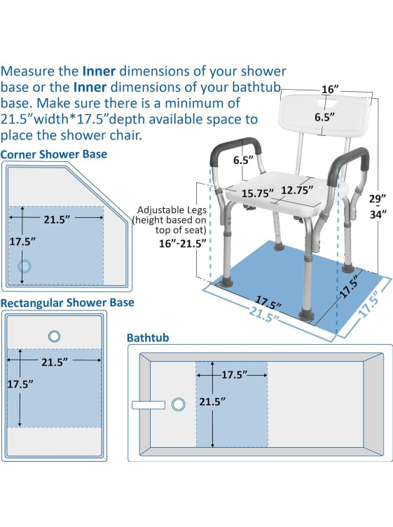 Shower Chair Bath Seat with Padded Arms, Removable Back